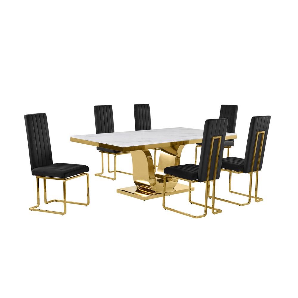 7pc Large(76″) marble top dining set with gold base and 6 Black side chairs