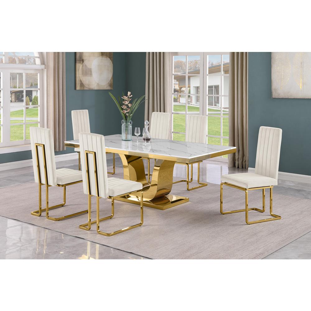7pc Large(76″) marble top dining set with gold base and 6 Cream side chairs