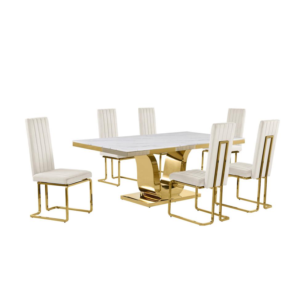 7pc Large(76″) marble top dining set with gold base and 6 Cream side chairs