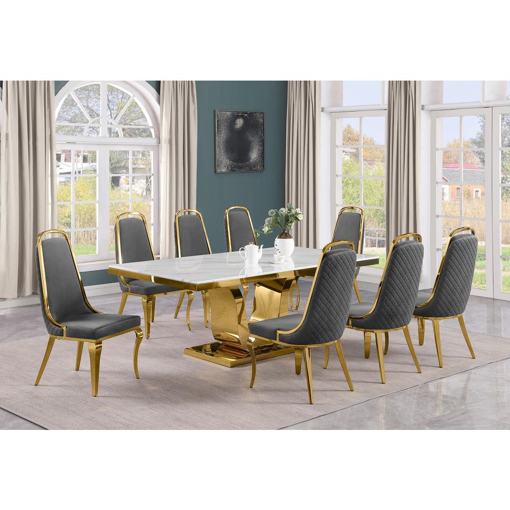 9pc Large(78″) marble top dining set with gold base and 8 Dark grey side chairs
