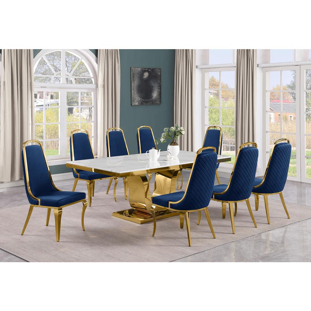 9pc Large(78″) marble top dining set with gold base and 8 Navy blue chairs