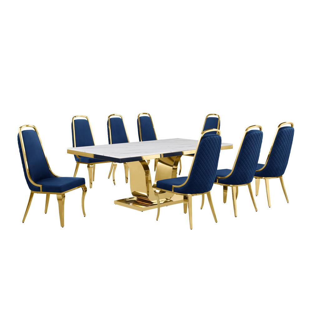9pc Large(78″) marble top dining set with gold base and 8 Navy blue chairs