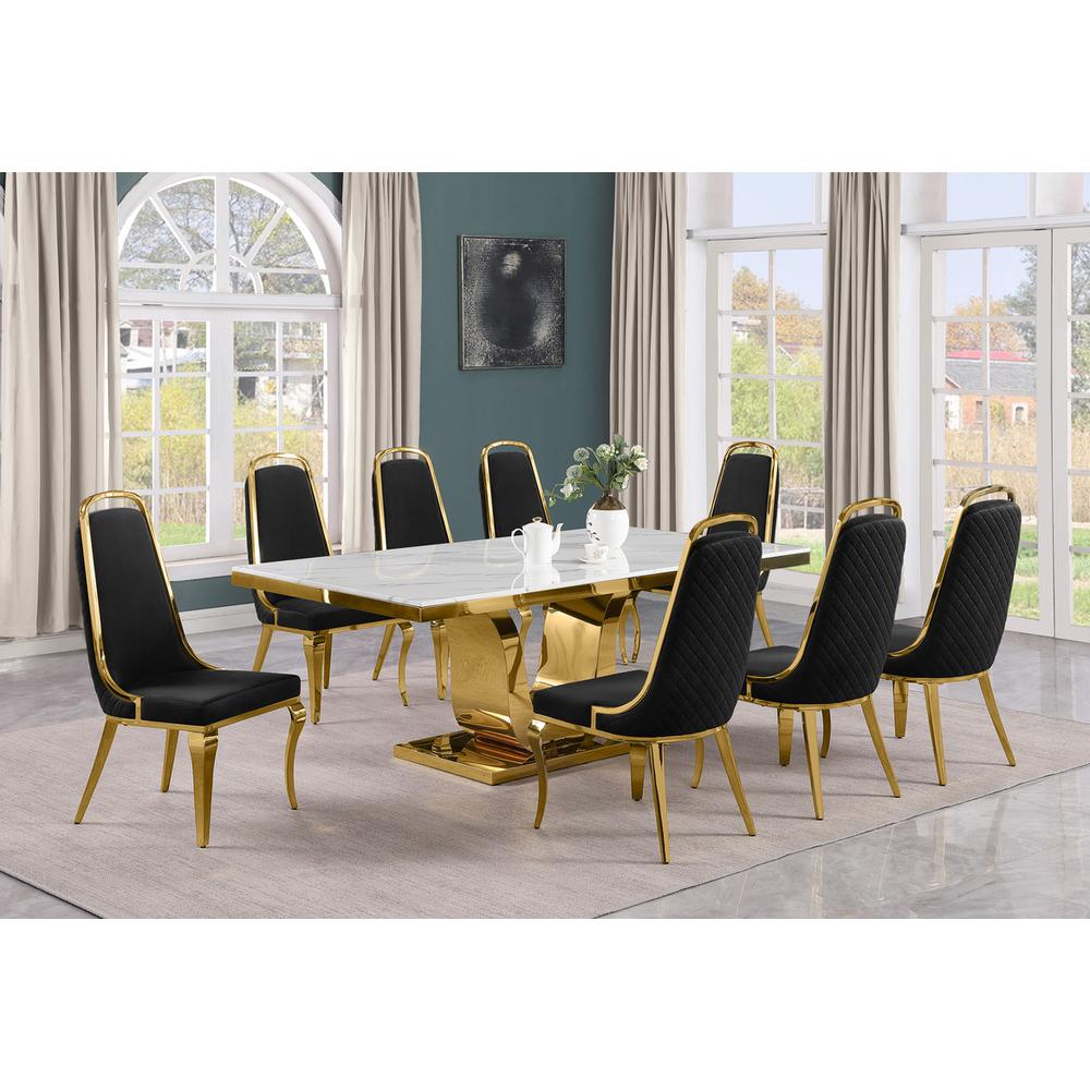 9pc Large(78″) marble top dining set with gold base and 8 Black side chairs