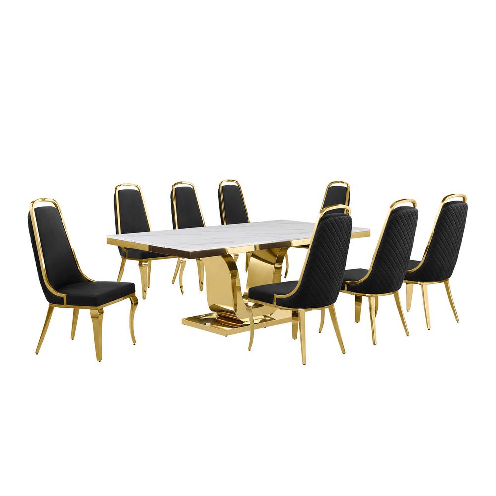 9pc Large(78″) marble top dining set with gold base and 8 Black side chairs
