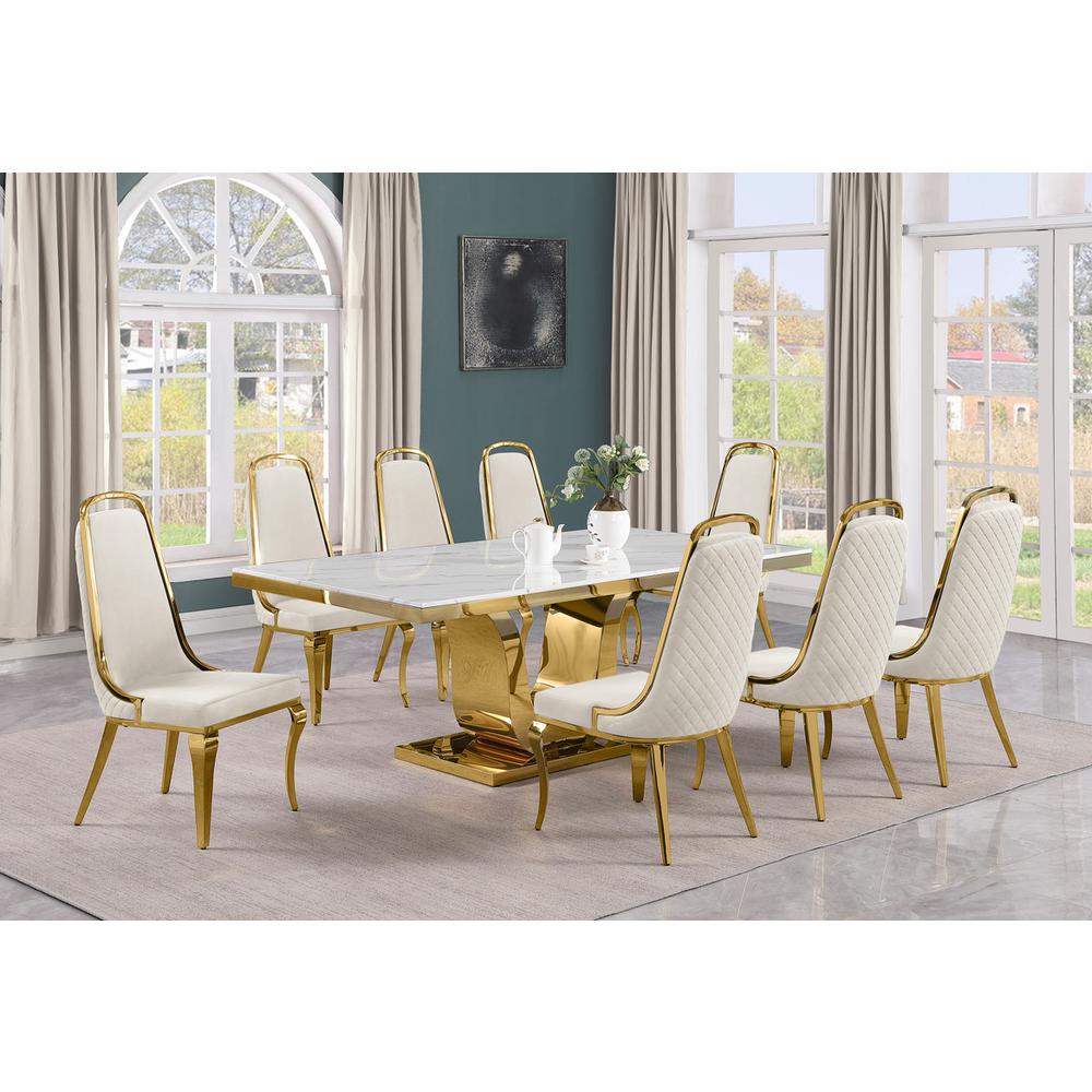 9pc Large(78″) marble top dining set with gold base and 8 Cream side chairs