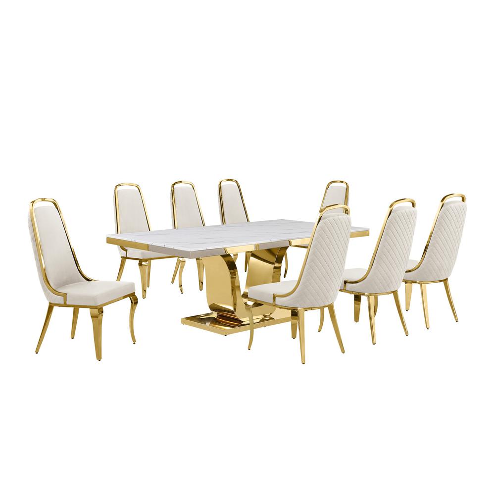 9pc Large(78″) marble top dining set with gold base and 8 Cream side chairs
