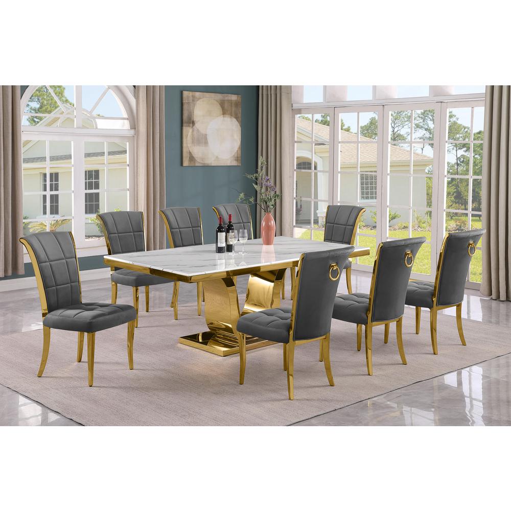 9pc Large(78″) marble top dining set with gold base and 8 Dark grey side chairs