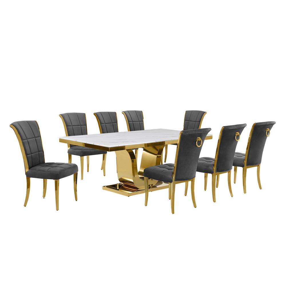9pc Large(78″) marble top dining set with gold base and 8 Dark grey side chairs