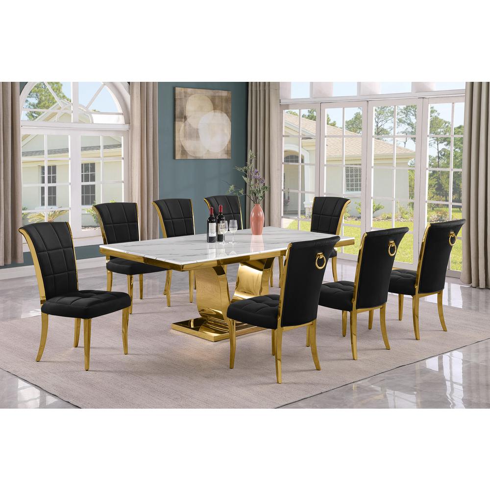 9pc Large(78″) marble top dining set with gold base and 8 Black side chairs