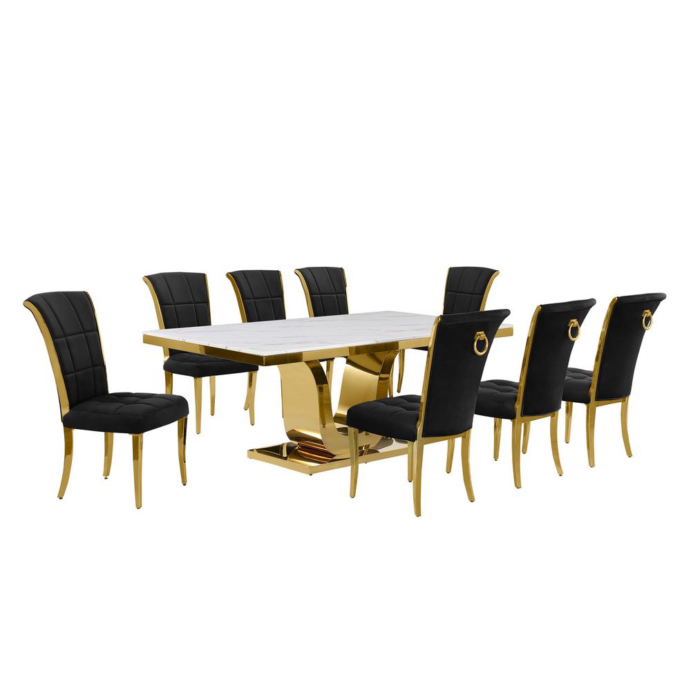9pc Large(78″) marble top dining set with gold base and 8 Black side chairs