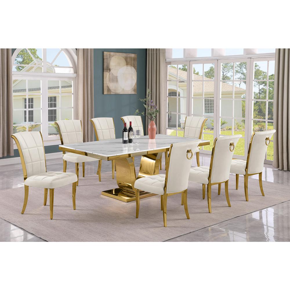 9pc Large(78″) marble top dining set with gold base and 8 Cream side chairs