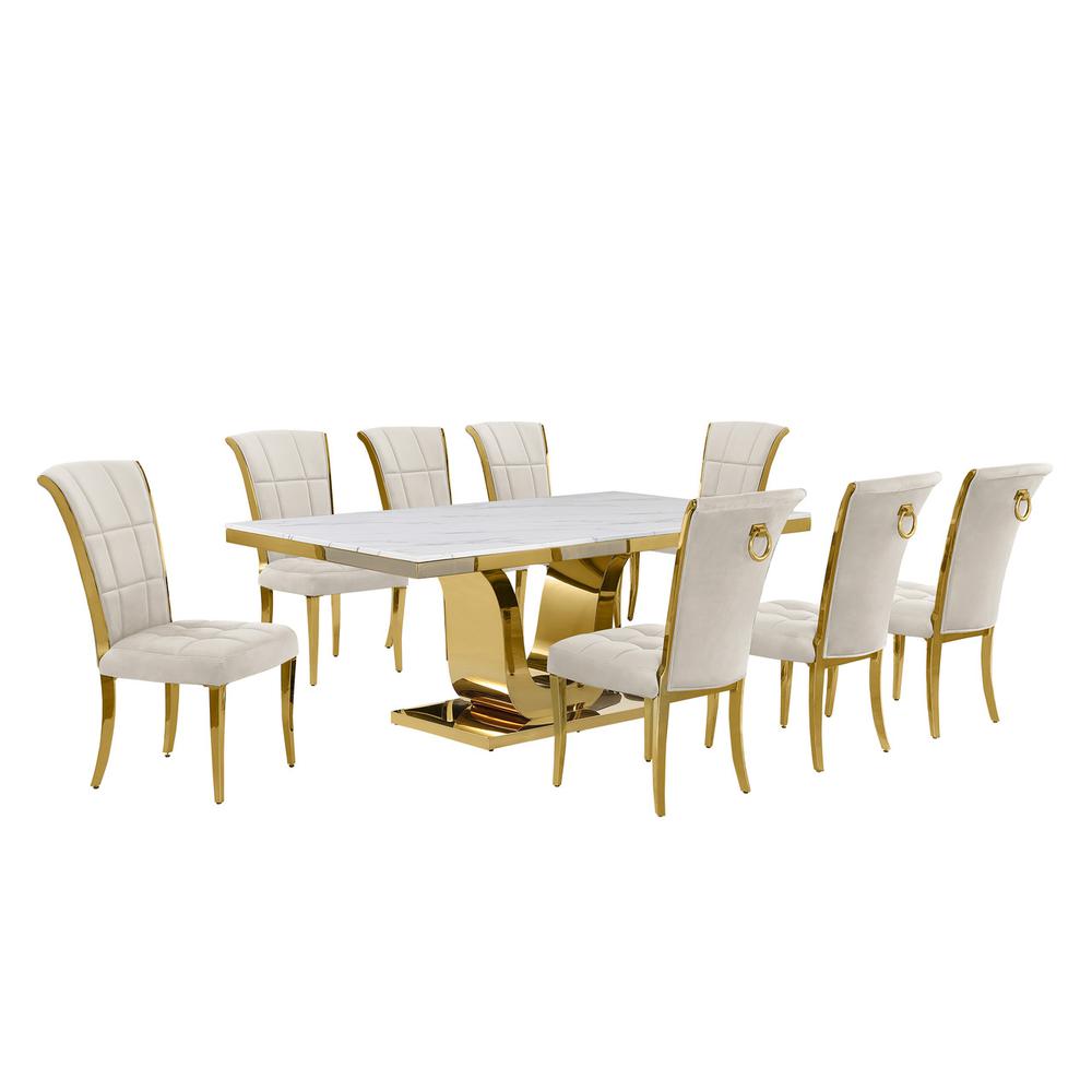 9pc Large(78″) marble top dining set with gold base and 8 Cream side chairs