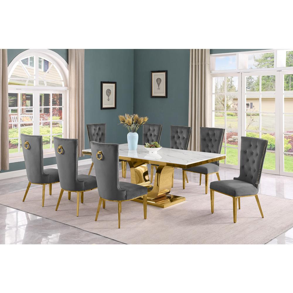 9pc Large(78″) marble top dining set with gold base and 8 Dark grey side chairs