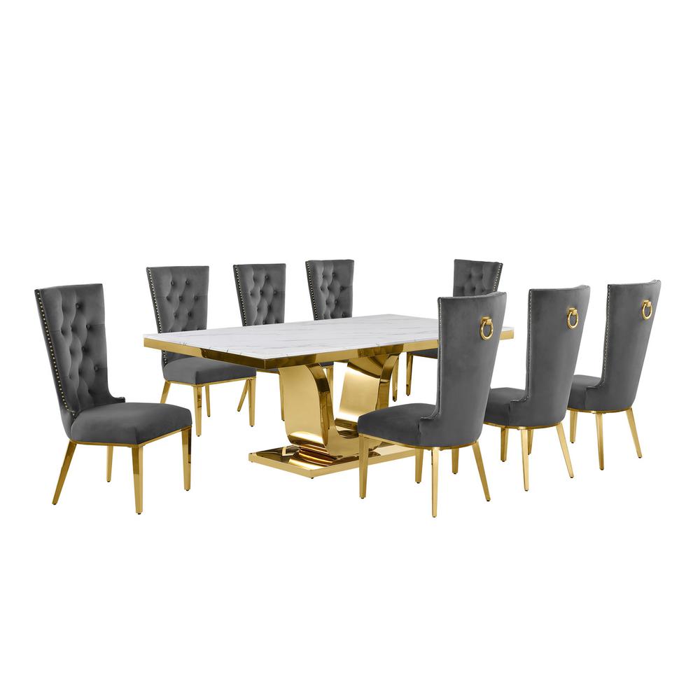 9pc Large(78″) marble top dining set with gold base and 8 Dark grey side chairs