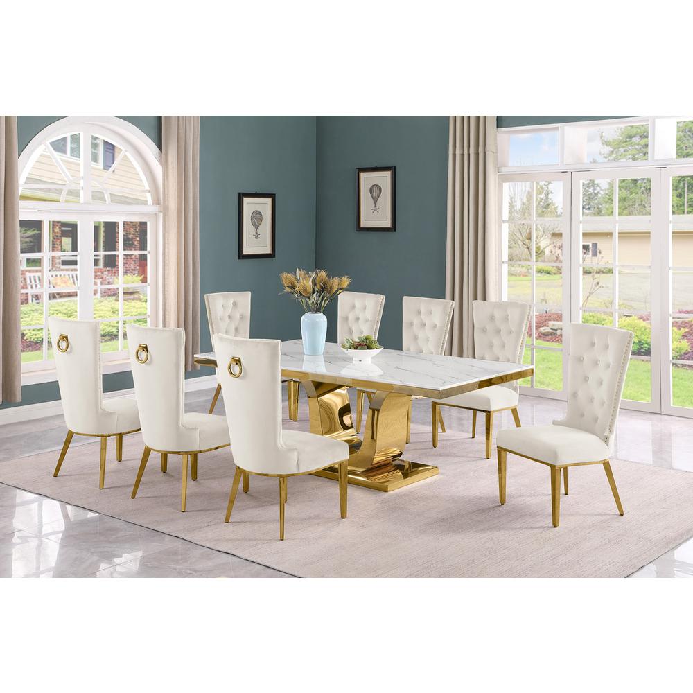 9pc Large(78″) marble top dining set with gold base and 8 Cream side chairs