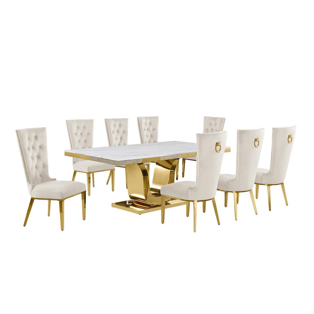 9pc Large(78″) marble top dining set with gold base and 8 Cream side chairs