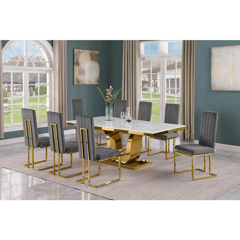 9pc Large(78″) marble top dining set with gold base and 8 Dark grey side chairs