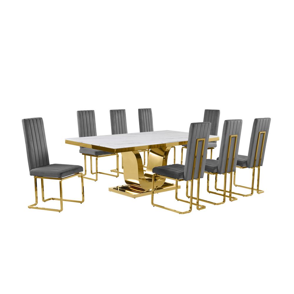 9pc Large(78″) marble top dining set with gold base and 8 Dark grey side chairs