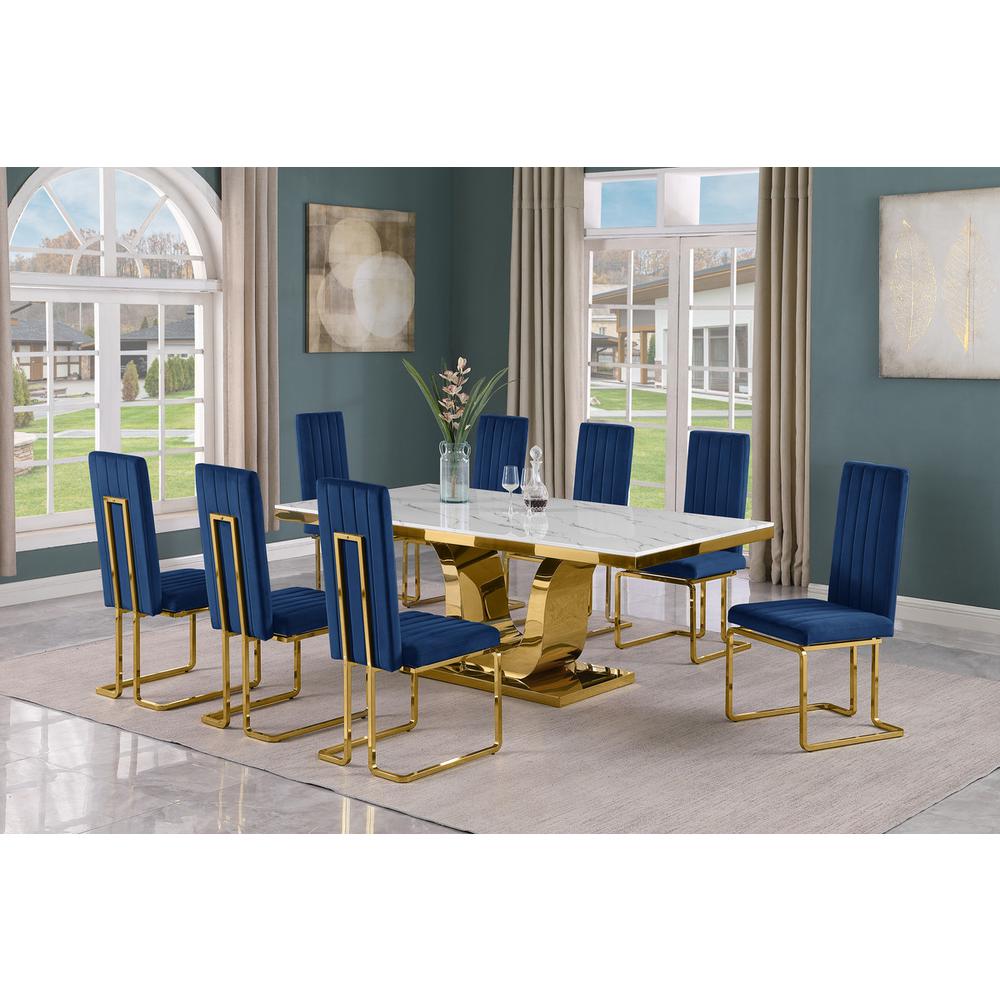 9pc Large(78″) marble top dining set with gold base and 8 Navy blue chairs