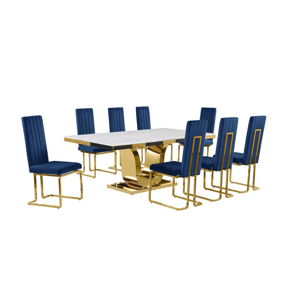 9pc Large(78″) marble top dining set with gold base and 8 Navy blue chairs