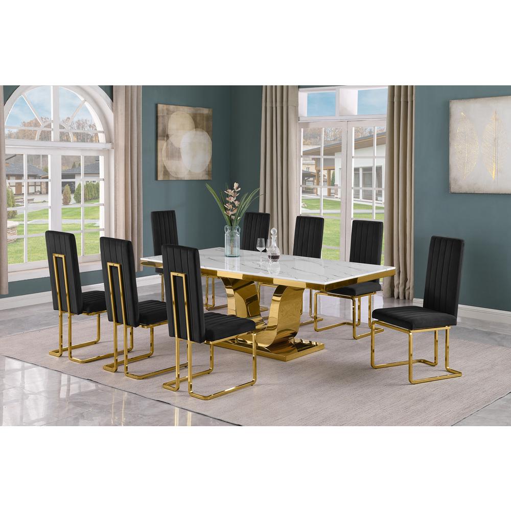 9pc Large(78″) marble top dining set with gold base and 8 Black side chairs