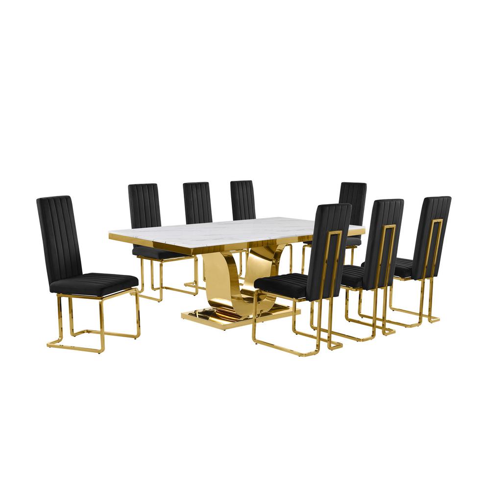 9pc Large(78″) marble top dining set with gold base and 8 Black side chairs