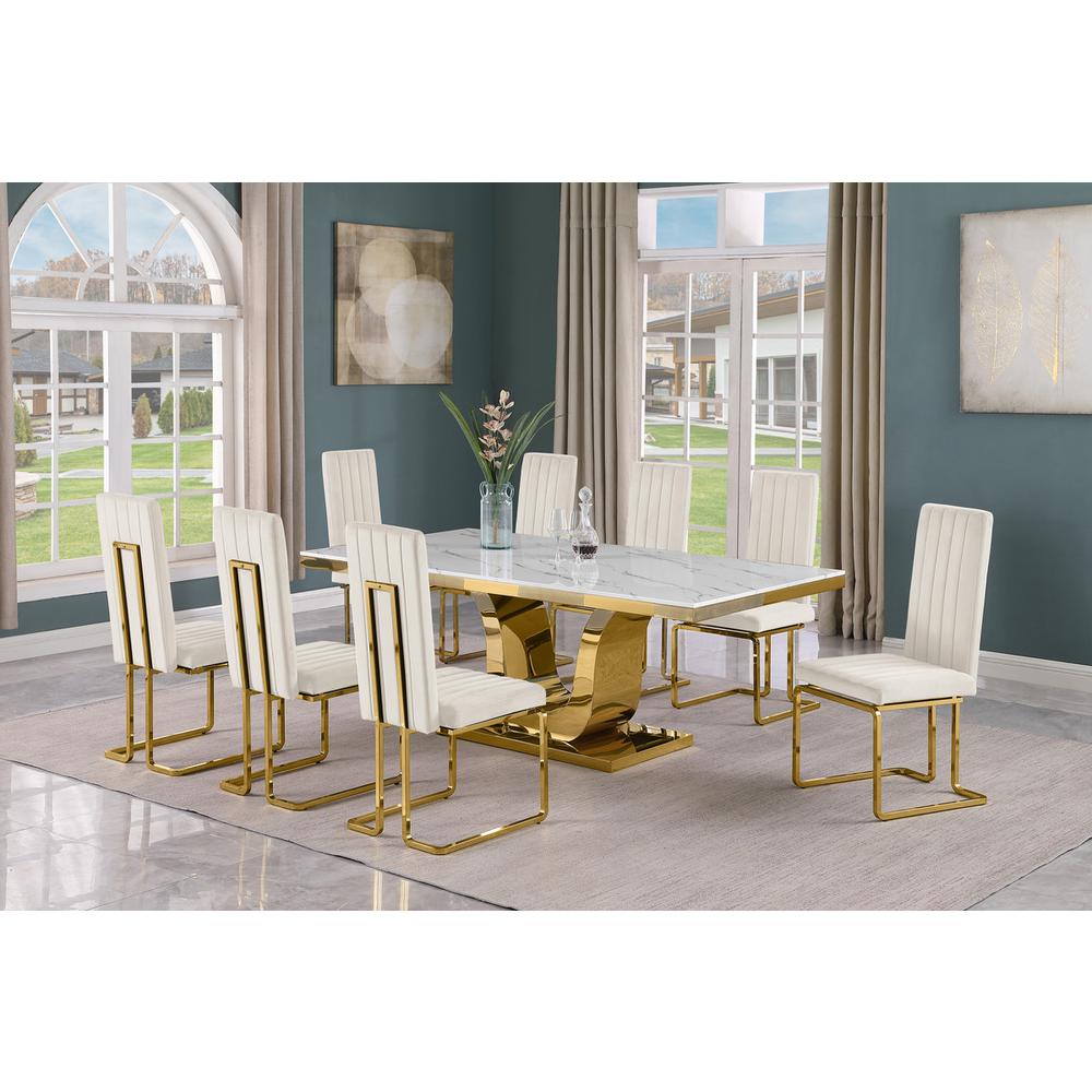 9pc Large(78″) marble top dining set with gold base and 8 Cream side chairs