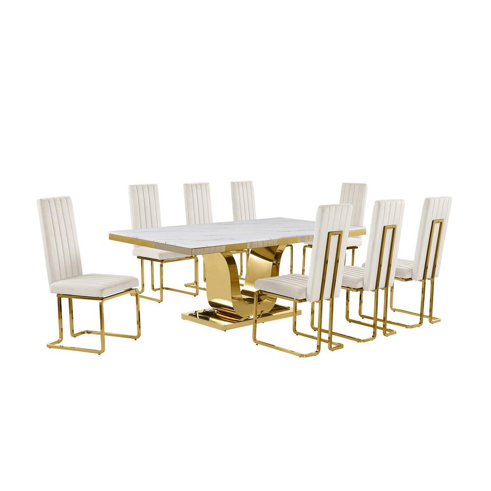 9pc Large(78″) marble top dining set with gold base and 8 Cream side chairs