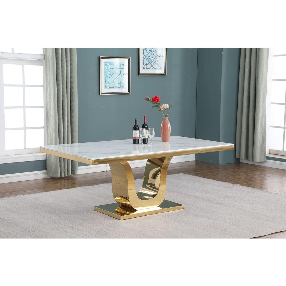 78″ Rectangular marble dining table with a gold color stainless steel base