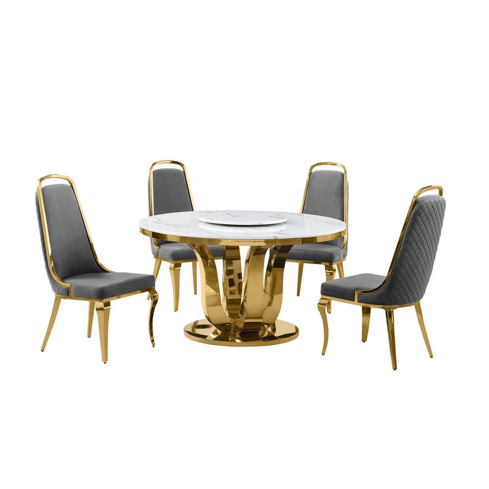 5pc White marble round dining set with gold base and 4 Dark Grey side chairs