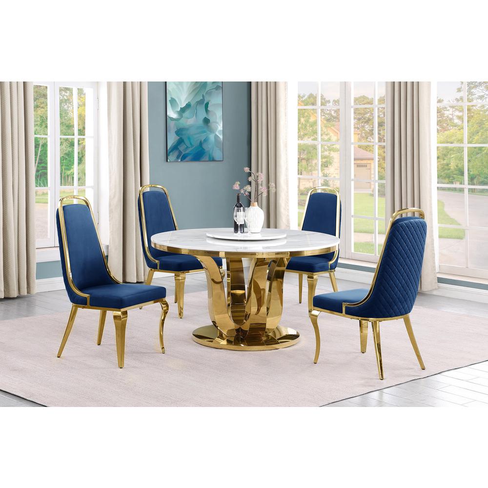 5pc White marble round dining set with gold base and 4 Navy blue side chairs