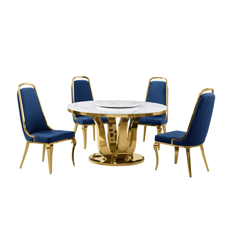 5pc White marble round dining set with gold base and 4 Navy blue side chairs