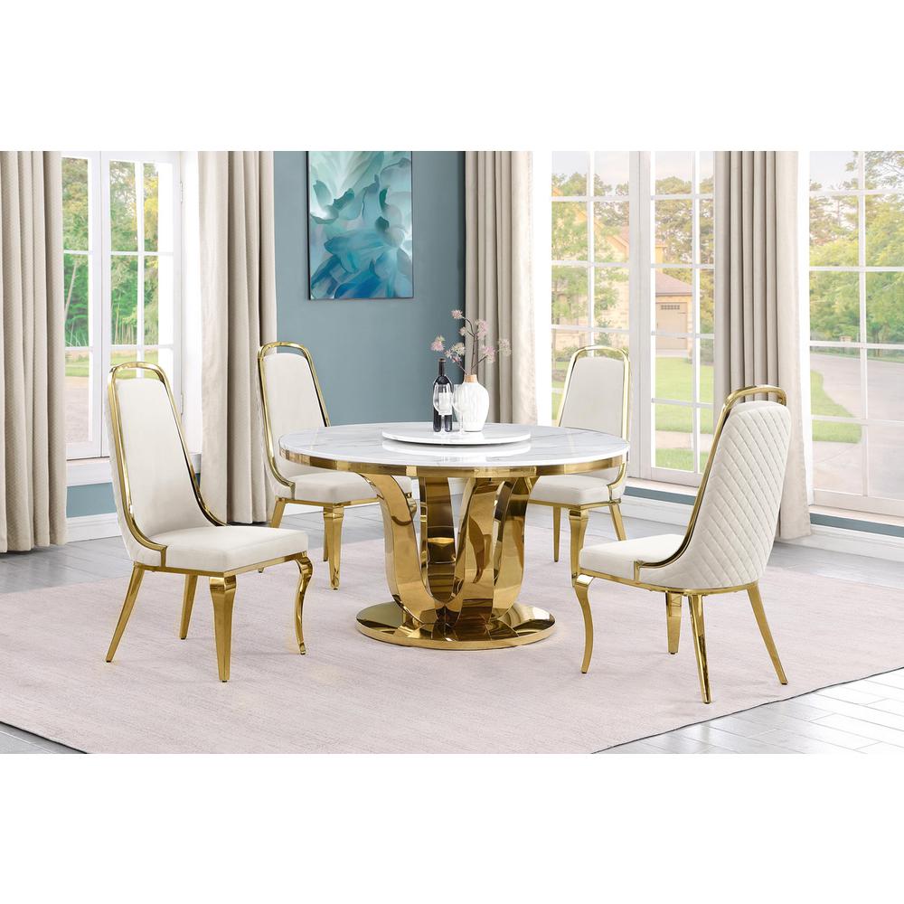 5pc White marble round dining set with gold base and 4 Cream side chairs