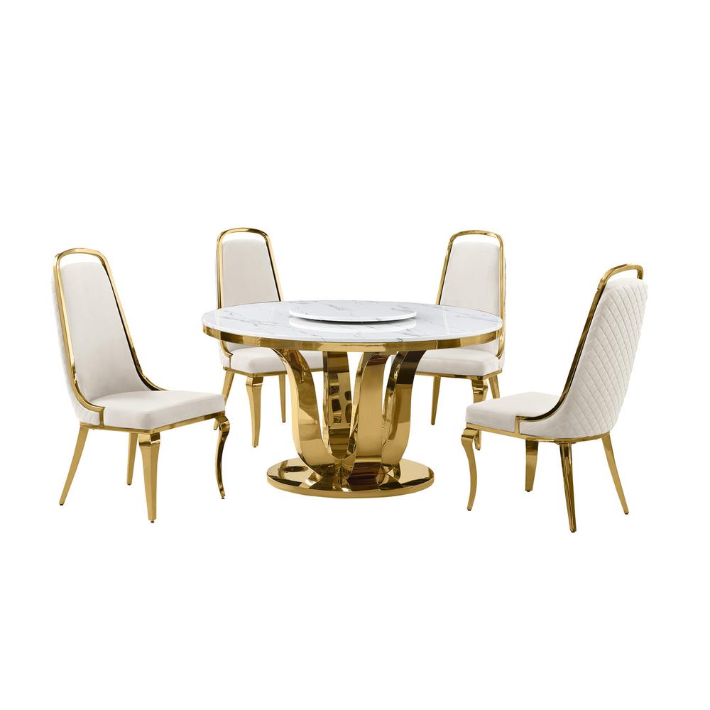 5pc White marble round dining set with gold base and 4 Cream side chairs