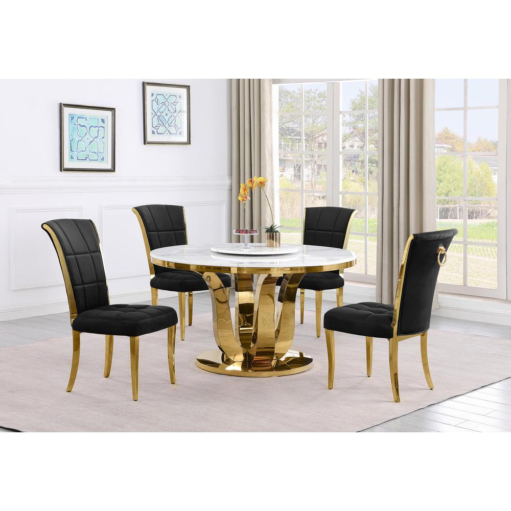 5pc White marble round dining set with gold base and 4 Black side chairs