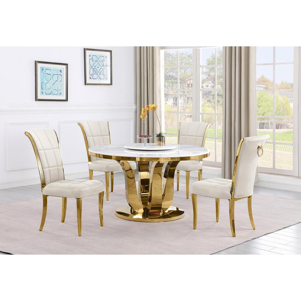 5pc White marble round dining set with gold base and 4 Cream side chairs