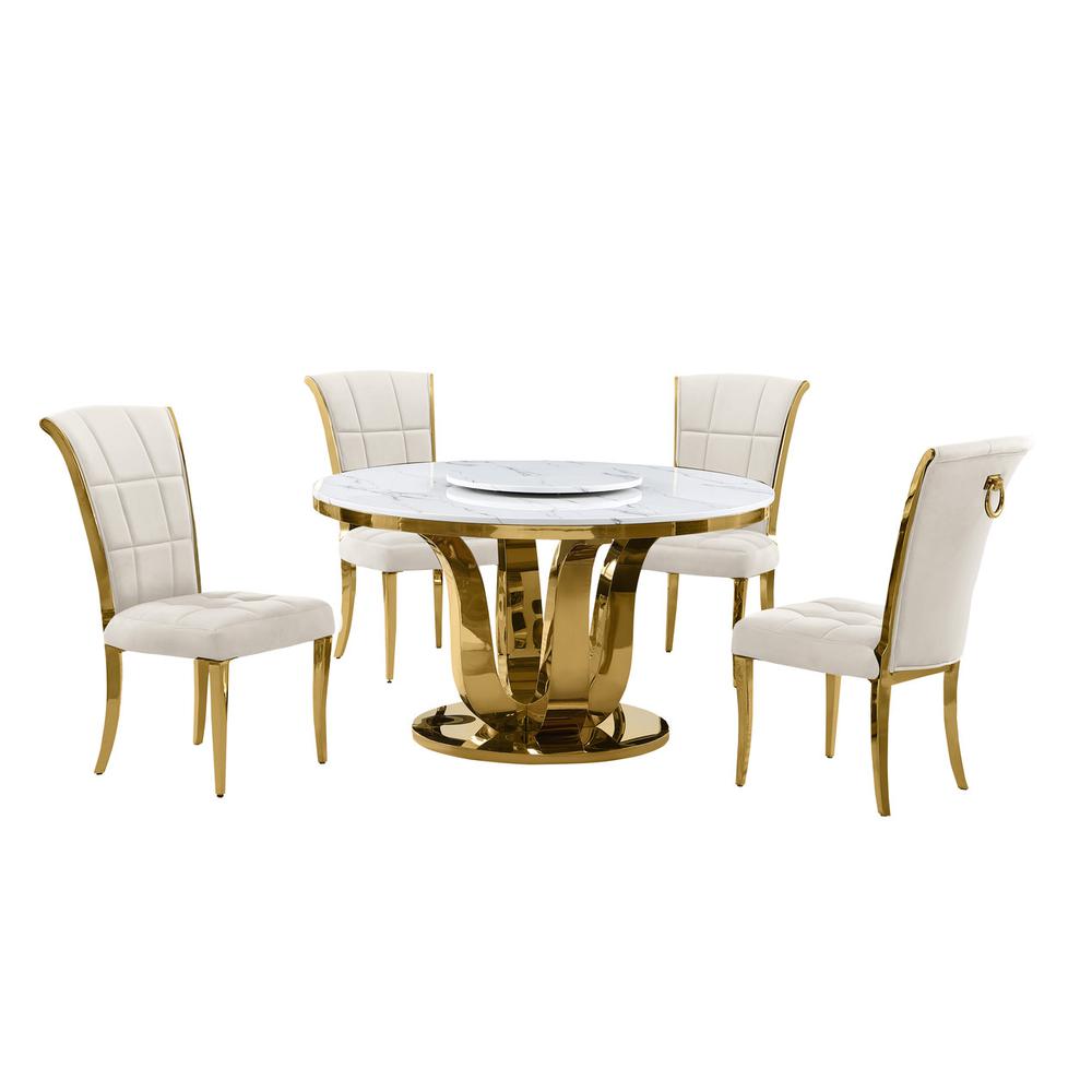 5pc White marble round dining set with gold base and 4 Cream side chairs