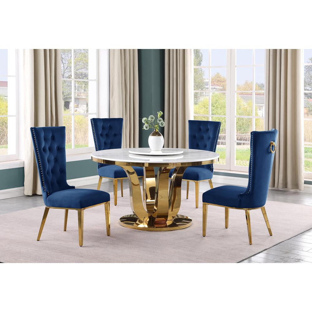 5pc White marble round dining set with gold base and 4 Navy blue side chairs