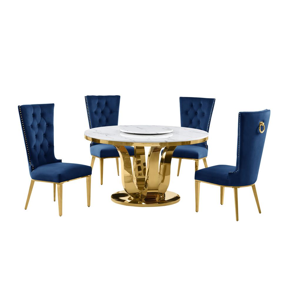 5pc White marble round dining set with gold base and 4 Navy blue side chairs