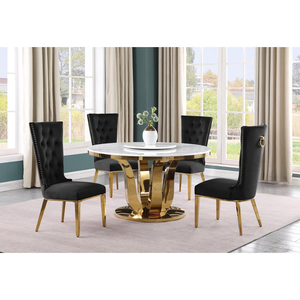 5pc White marble round dining set with gold base and 4 Black side chairs