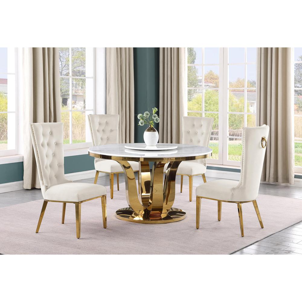 5pc White marble round dining set with gold base and 4 Cream side chairs