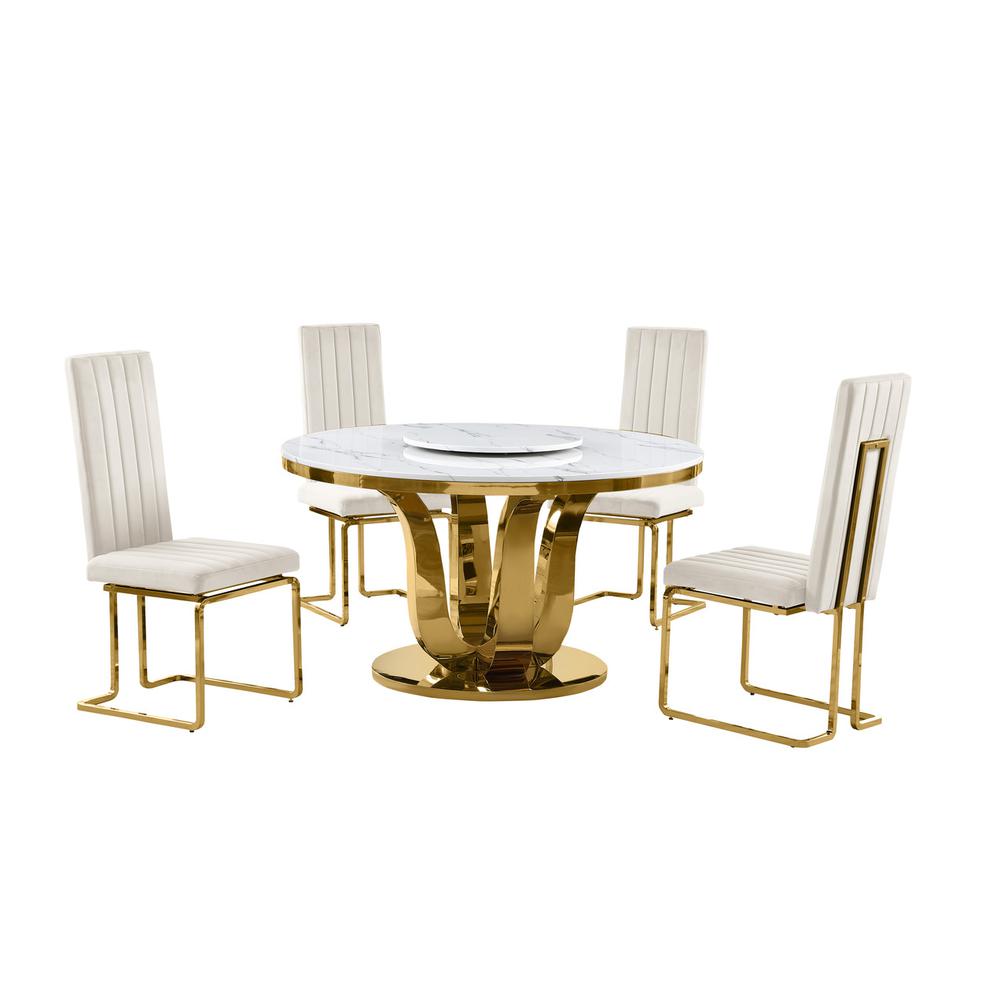 5pc White marble round dining set with gold base and 4 Cream side chairs