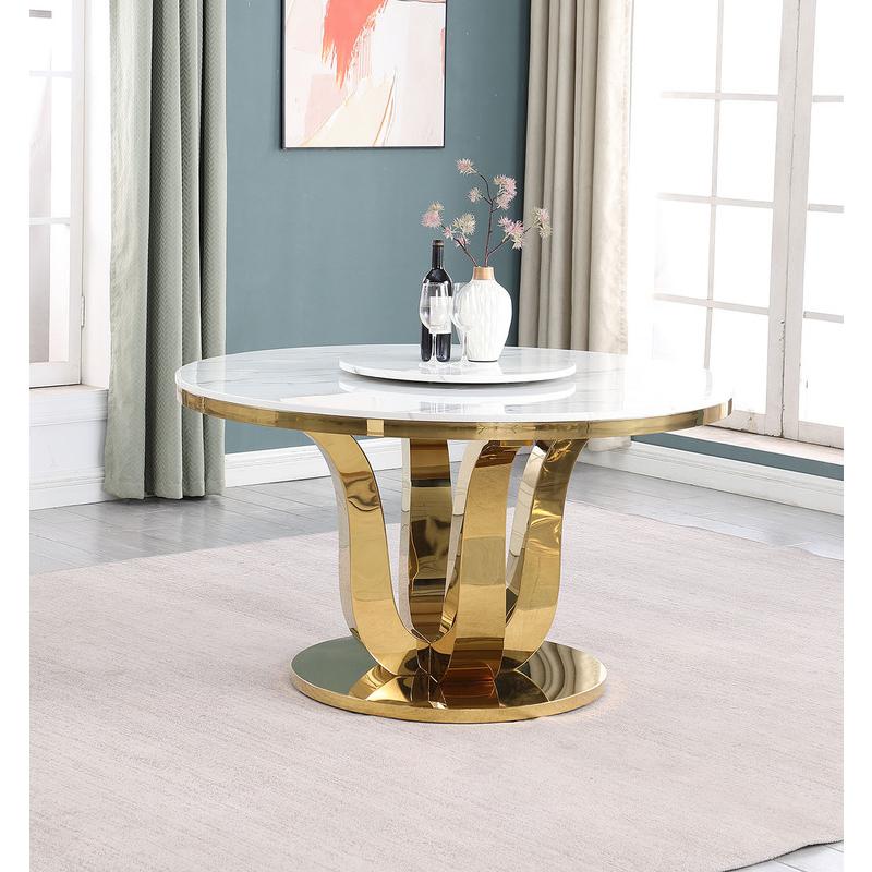 Round white marble top with a lazy susan and gold stainless steel color base