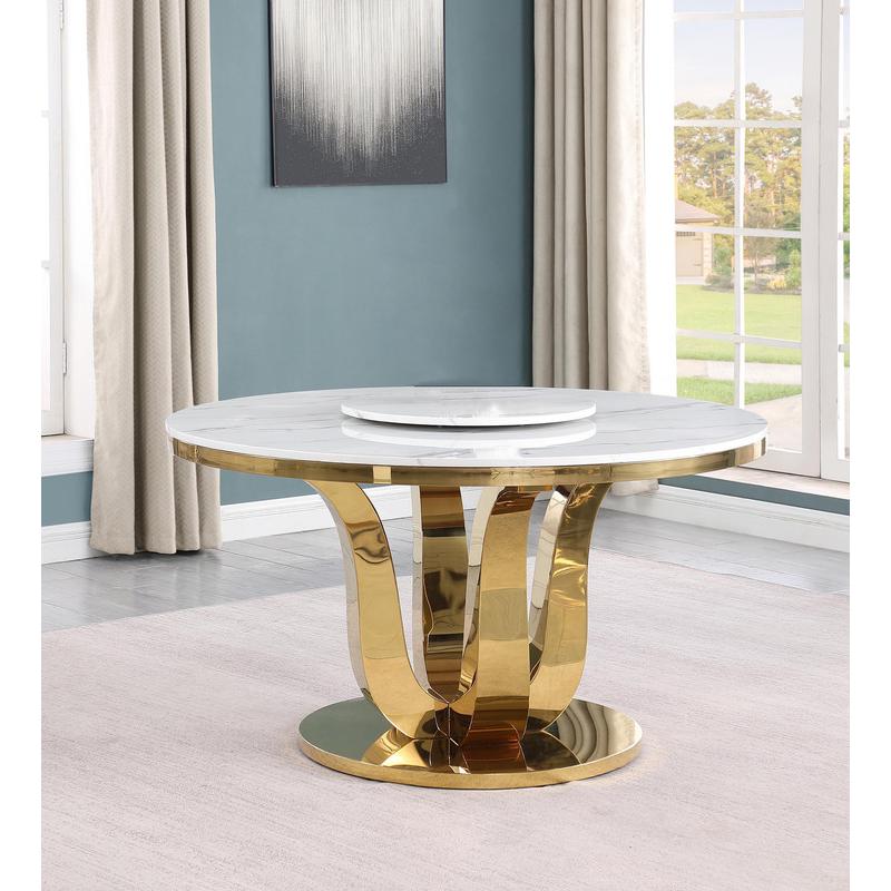 Round white marble top with a lazy susan and gold stainless steel color base
