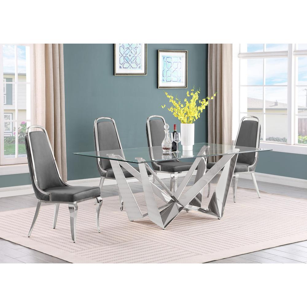 5pc Small(78″) glass dining set with silver base and 6 Dark grey side chairs