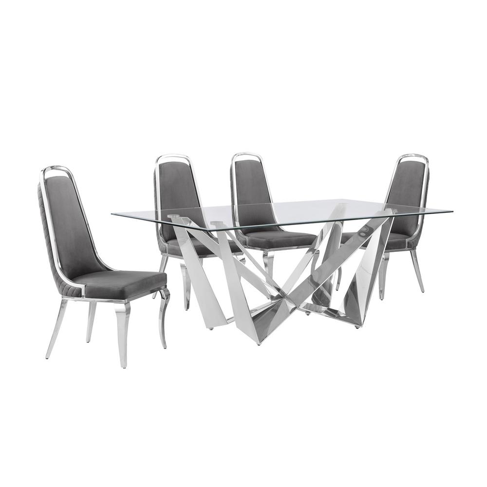 5pc Small(78″) glass dining set with silver base and 6 Dark grey side chairs