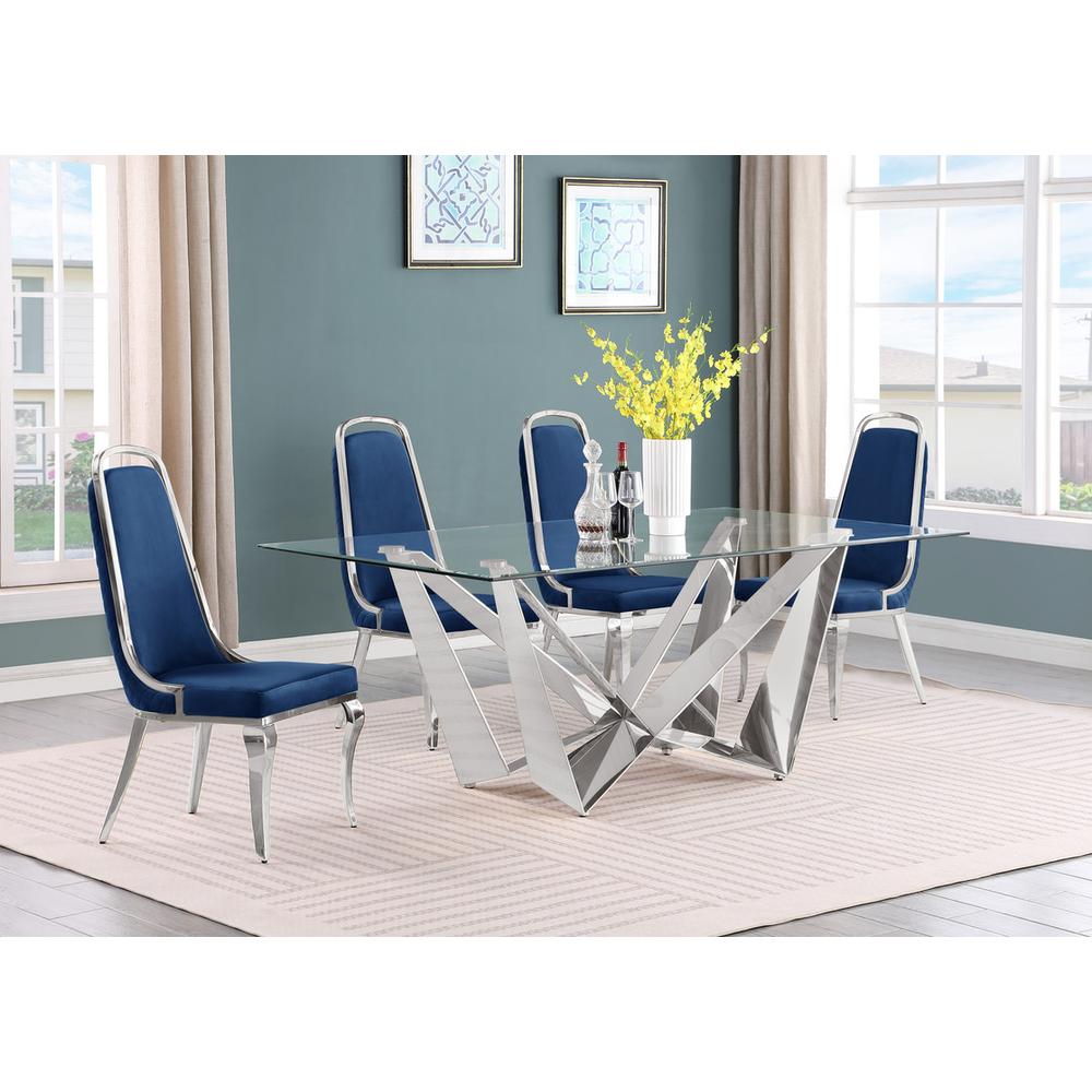 5pc Small(78″) glass dining set with silver base and 6 Navy blue side chairs