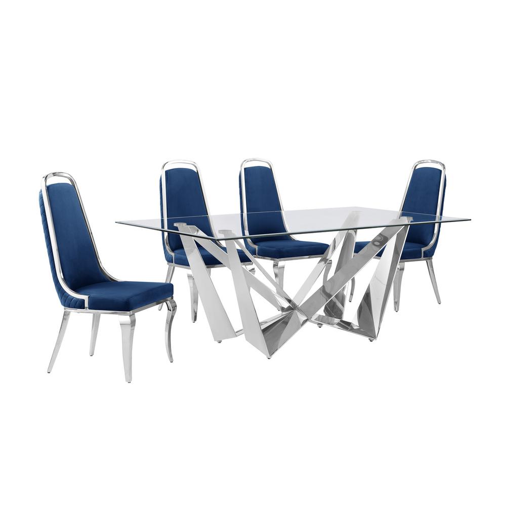 5pc Small(78″) glass dining set with silver base and 6 Navy blue side chairs