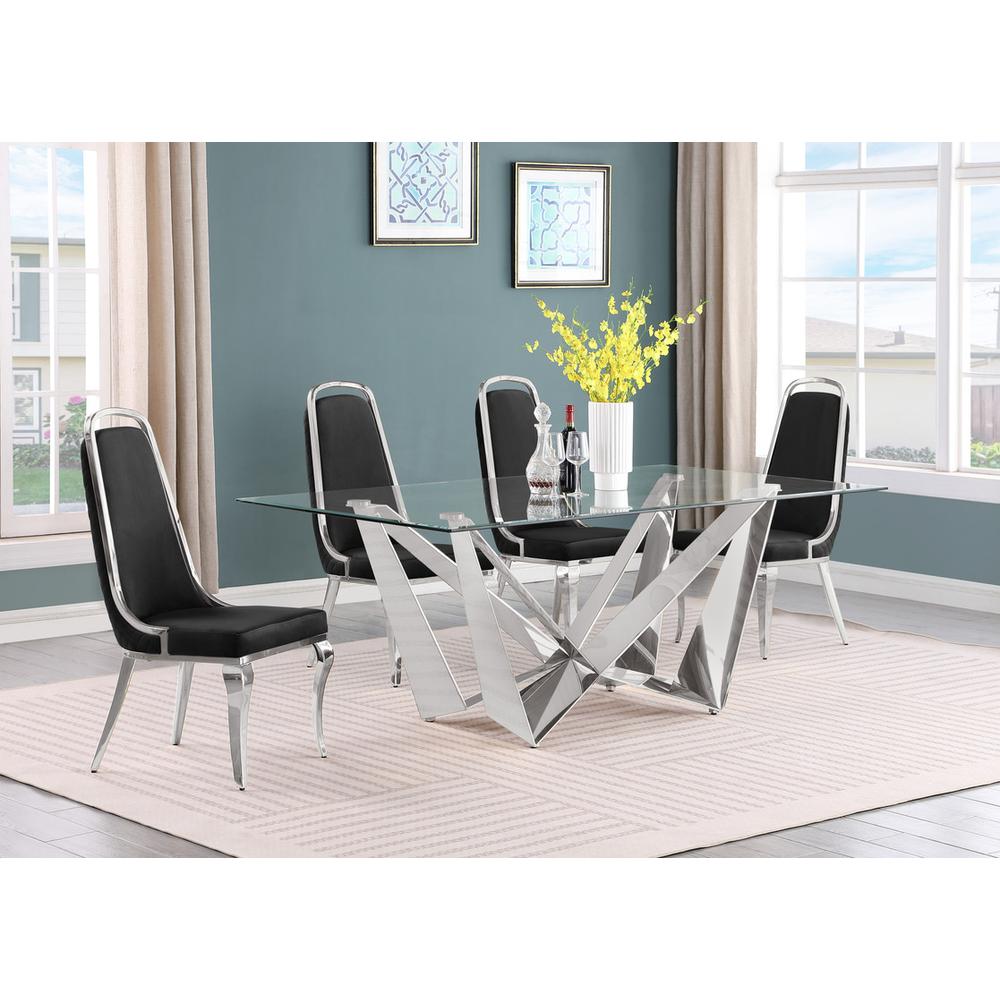 5pc Small(78″) glass dining set with silver base and 6 Black side chairs