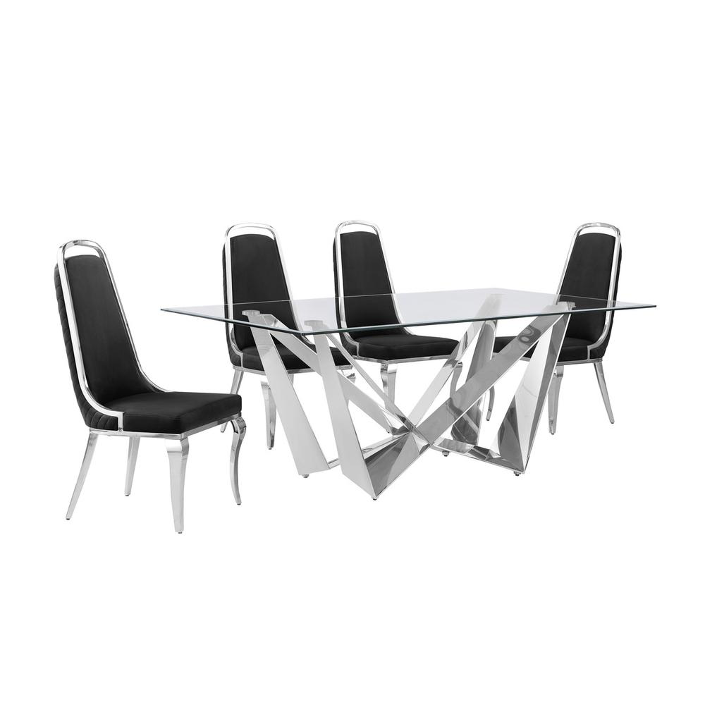 5pc Small(78″) glass dining set with silver base and 6 Black side chairs